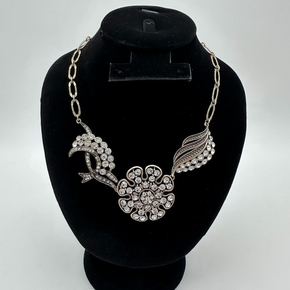 Allison‎ Reed Gold Tone Crystal Rhinestone Flower Leaf Ribbon Statement Necklace
